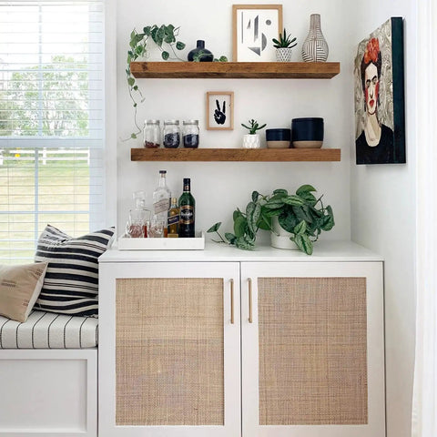 Floating Wall Shelves Set of 2, Extra Long 35.4 Inch Wide by 9.3 Inch Deep, displayed with decor and plants in a living room corner.