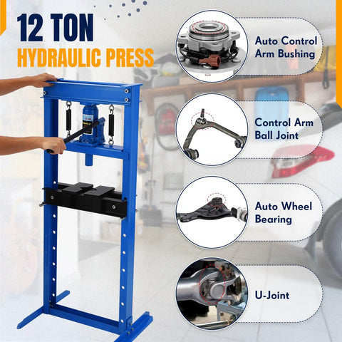 12 Ton H Frame Hydraulic Shop Press for Garage and Workshop, Heavy Duty Steel Frame, Adjustable Pressure, Blue