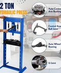 Professional Grade Heavy Duty Garage Workhorse 12 Ton H Frame Hydraulic Shop Press With Adjustable Work Table And Dual Press Plates For Auto Mechanics And Metal Bending in blue, showing user in garage.