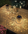 2 Pack Outdoor Solar Lanterns With Hanging Lights Waterproof Metal Sun Moon Star Pattern In Gold Finish Patio Decor
