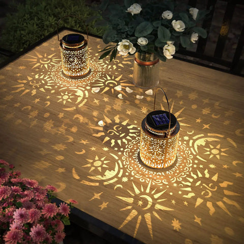 2 Pack Outdoor Solar Lanterns With Hanging Lights Waterproof Metal Sun Moon Star Pattern In Gold Finish Patio Decor