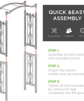 Built Tough 92 Inch Steel Garden Arch Arbor Trellis assembly instructions showing quick setup steps for outdoor yard garden climbing plants
