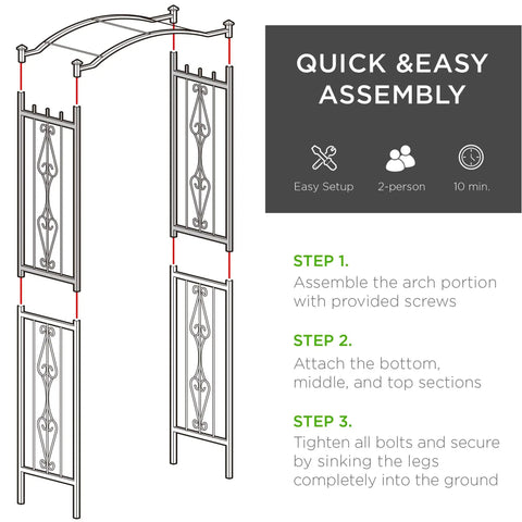Built Tough 92 Inch Steel Garden Arch Arbor Trellis assembly instructions showing quick setup steps for outdoor yard garden climbing plants