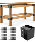 3 Way Corner Bracket Kit for Workbenches, Heavy Duty Steel Right Angle Brackets for 2x4 Wood, showing wood frame, screws, and bracket