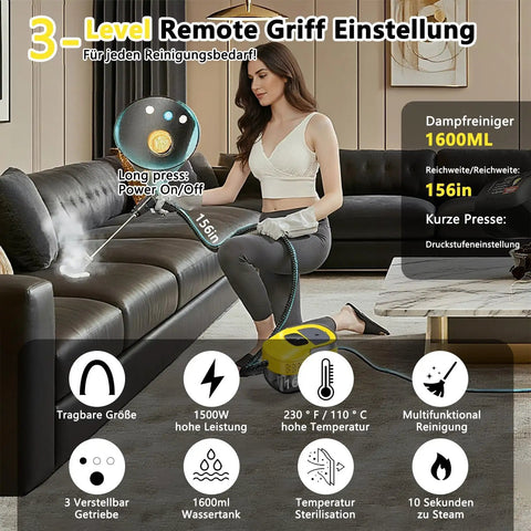 Brand New Handheld Steam Cleaner With Adjustable 3-Level Pressure Settings And One Point Six Qt Tank For Fast Cleaning, woman using on sofa.