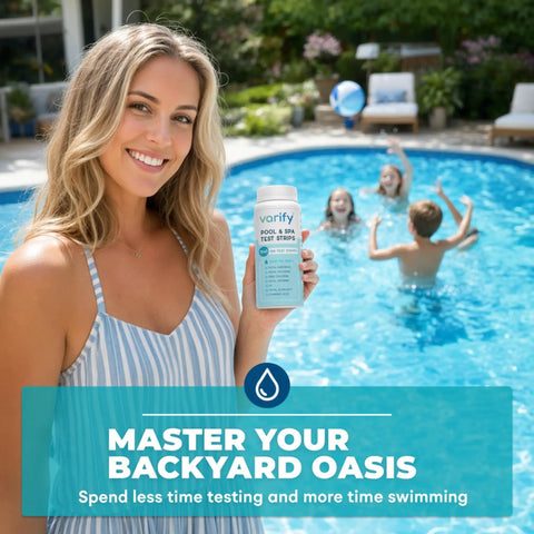 Top Shelf 7 In 1 Pool Spa And Hot Tub Test Strips 150 Count Water Chemistry Kit held by a smiling woman near a pool.