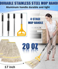 Two Pack 20Oz Heavy Duty Cotton Mop Set With 63 Inch Stainless Steel Handle For Industrial Cleaning Commercial Grade Replacement Mop Heads For Home And Office Floors, showing mop components and a woman cleaning kitchen floor.