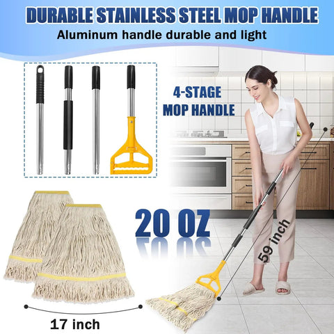 Two Pack 20Oz Heavy Duty Cotton Mop Set With 63 Inch Stainless Steel Handle For Industrial Cleaning Commercial Grade Replacement Mop Heads For Home And Office Floors, showing mop components and a woman cleaning kitchen floor.