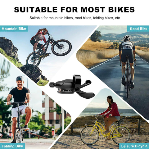 8 Speed Right Thumb Shift Lever for MTB and Folding Bikes, Slick Shifts, V Brake Compatible displayed with various bike types