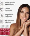 D Mannose With Cranberry And Hibiscus For Urinary Tract Health product features list and smiling woman