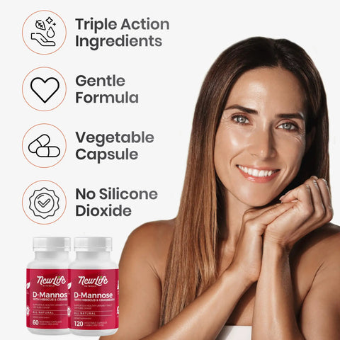 D Mannose With Cranberry And Hibiscus For Urinary Tract Health product features list and smiling woman