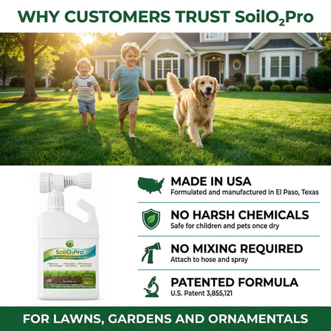 Children playing on a lawn with Liquid Soil Aerator And Oxygen Active Biostimulant To Revitalize Hard Compacted Clay Soil 32 Oz Hose End Sprayer