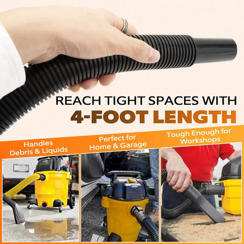 Flexible One And A Quarter Inch Diameter Four Foot Vacuum Hose Replacement For Wet And Dry Vacuums in use, black vinyl.
