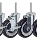 Heavy Duty Caster Set Of Four Five Inch Polyurethane Wheels with threaded stem and brakes for smooth mobility.