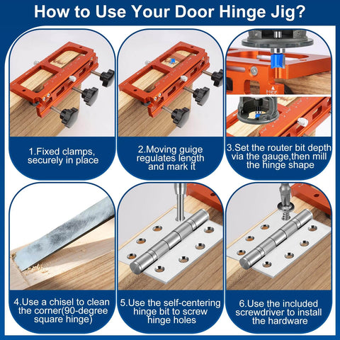 Six steps showing how to use the Pro Grade Aluminum Door Hinge Jig Kit For Router Mortise Template Adjustable From Two And A Half Inches To Five Inches Fits Varying Door Thicknesses With Quarter Inch Radius Five Eighths Inch Radius And Square Corner Options For DIYers And Pros; includes clamping, adjusting gauge length, routing, chiseling, screwing hinge, and installing hardware on wood surface.
