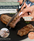 Heavy Duty Kitchen Shears With Built In Sharpener Multipurpose Stainless Steel Scissors For Food Prep Meat Seafood Poultry Veggies And More Durable Cutters With Lifetime Replacement Warranty, cutting steak