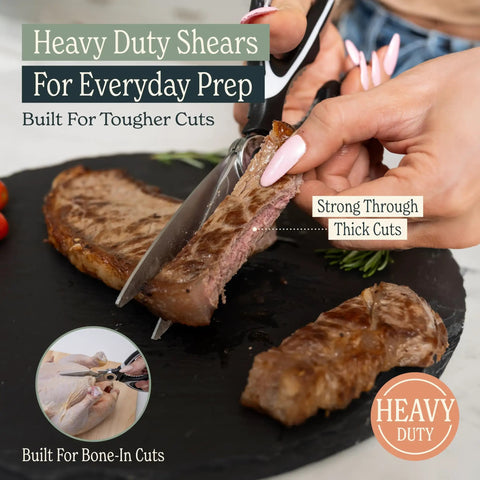 Heavy Duty Kitchen Shears With Built In Sharpener Multipurpose Stainless Steel Scissors For Food Prep Meat Seafood Poultry Veggies And More Durable Cutters With Lifetime Replacement Warranty, cutting steak