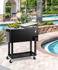 80 Quart Black Rolling Ice Chest Cooler Cart On Wheels For Patio And Backyard Parties next to pool with drinks inside