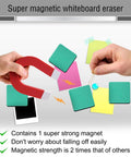 Magnetic Whiteboard Erasers 48 Pack For Kids And Classrooms with super strong magnet demonstration, green 2x2 inch, eco-friendly.