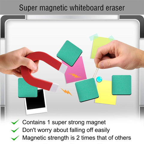 Magnetic Whiteboard Erasers 48 Pack For Kids And Classrooms with super strong magnet demonstration, green 2x2 inch, eco-friendly.