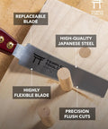 Heavy Duty Six Inch Japanese Flush Cut Saw With Double Edge Pull Design on wood with dowels for clean trimming.
