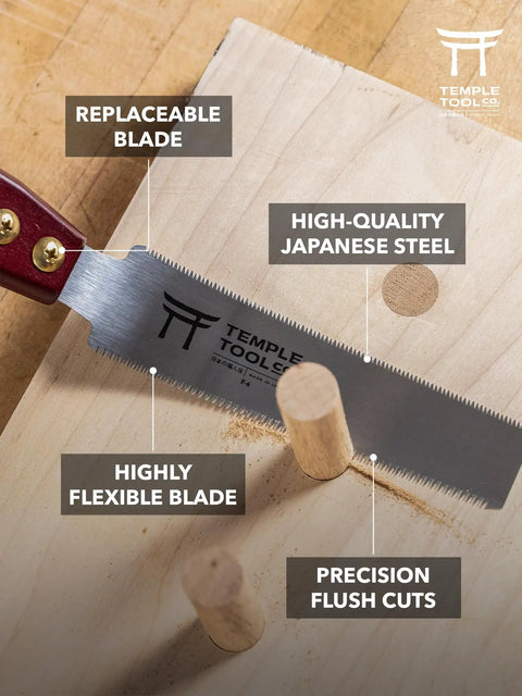 Heavy Duty Six Inch Japanese Flush Cut Saw With Double Edge Pull Design on wood with dowels for clean trimming.