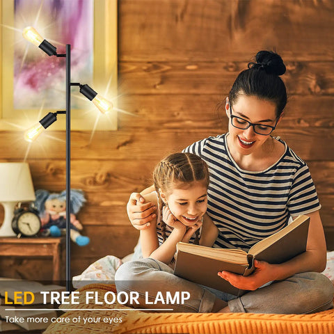 Industrial Floor Lamp With Three Adjustable Rotating Arms, Tree Style Standing Light in a cozy living room with family reading