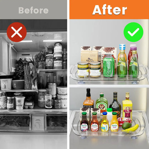 Before and after using Clear Lazy Susan For Refrigerator And Pantry Cabinet Two Pack 360 Degree Rotating Pull Out Turntable Organizer