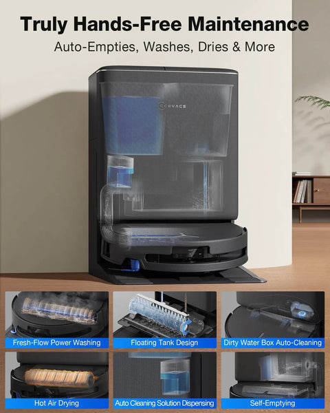 T90 Pro Omni Robot Vacuum And Mop With 30,000Pa Suction, shown in charging dock, highlighting various cleaning features.