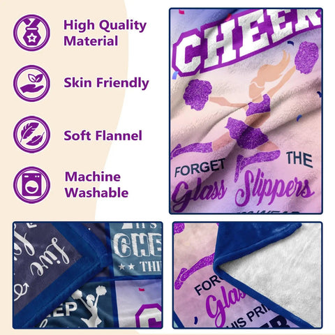 Blue Purple Throw Blanket 50x60 Inches With Inspirational Quotes Grid Design showing cheerleader and quotes on soft fleece fabric.
