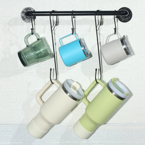 Heavy Duty 12 Inch S Hooks With Safety Buckle For Hanging Plants And More, Long S Hook Hangers in use with mugs on a wall rail