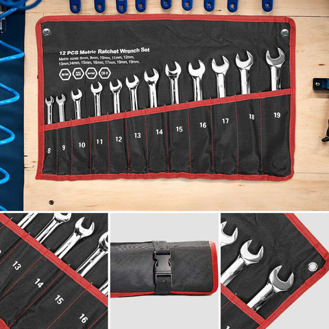 12 Piece Metric Ratchet Wrench Set with Two-Way Reversible 72-Tooth Heads, Cr-V Steel, 8mm to 19mm in Workhorse Storage Bag
