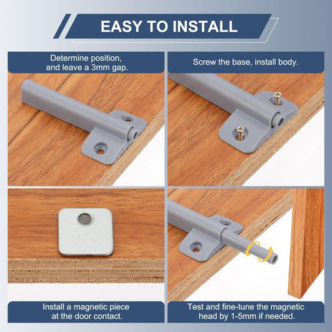 Easy installation steps for Magnetic Push Latches Set For Cabinets And Drawers, Hidden Touch Latch Hardware, Gray Finish, Push To Open