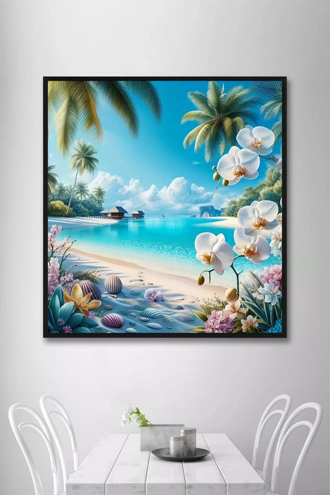 Tropical Beach Diamond Painting Kit For Adults 5D Full Drill Diamond Art For Beginners DIY Fun Gem Painting Dot Art Summer Ocean Orchid Scene Easy Home Wall Decor 13.78x13.78 Inch. A painting of a tropical beach with orchids, palm trees, and ocean view.