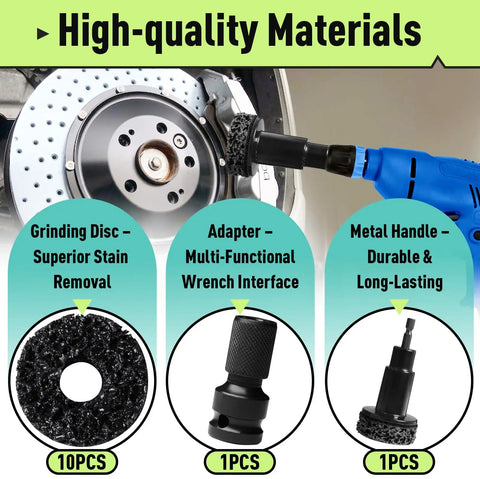 Grinding disc and adapter from All In One Wheel Hub Cleaning Tool Kit With 10 Easy Pads For Rusty Studs And Hubs in use with drill.