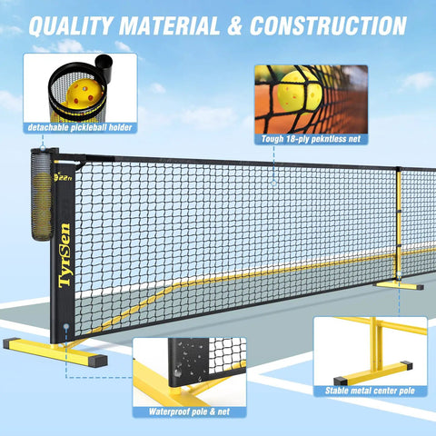 Portable Pickleball Net For Driveway 22 Foot Regulation Size Or 11 Foot Half Court Size With Ball Collector 2 In 1 Net With Carry Bag For Outdoor And Indoor Garages Ideal For Backyard Play Quick Setup And Takedown Durable Weather Resistant, showing net and frame details