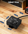 Front view of Automatic Vacuum Switch With Dual Tool Outlets Auto On Off Modes, Delay Shut Off For Dust Collectors And Workshop Tools, 125V 15A 1875W, Ideal For Table Saw Sander Miter Saw And Garage Projects shown on a wooden workbench with size dimensions labeled.