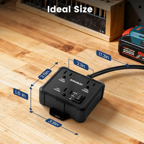 Front view of Automatic Vacuum Switch With Dual Tool Outlets Auto On Off Modes, Delay Shut Off For Dust Collectors And Workshop Tools, 125V 15A 1875W, Ideal For Table Saw Sander Miter Saw And Garage Projects shown on a wooden workbench with size dimensions labeled.