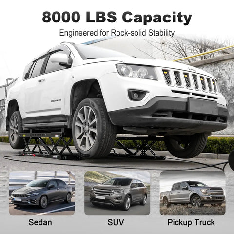 8,000-Lb Portable Car Lift With Heavy Duty Hydraulic Quick Jack for SUVs, displaying lifted white SUV