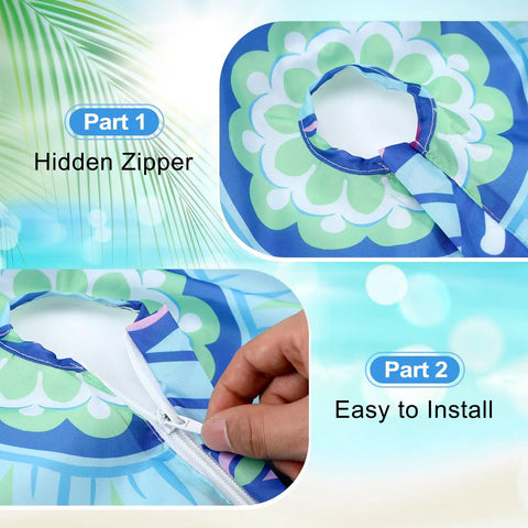 Two Pack Round Outdoor Tablecloths With Umbrella Hole Anti Wrinkle Polyester Hidden Zipper Elastic Edge Fit For 45 To 53 Inch Tables Mandala Design showing zipper and installation