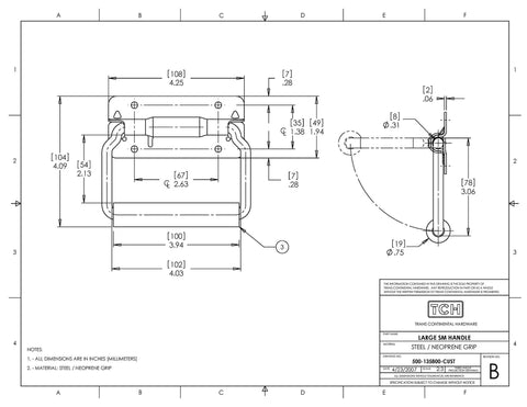 Technical diagram of Two Pack Large Spring Loaded Heavy Duty Steel Surface Mount Handle With Padded Grip For Cabinets Chests Cases and Speakers Black Finish Three Quarter Inch Grip Diameter Five Sixteenth Inch Bail With Ninety Degree Stop Screws Not Included.