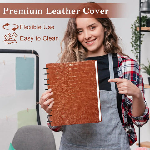 Person holding Pu Leather Discbound Notebook Cover Set With 2 Covers And 11 Expansion Discs, Letter Size Office Planner Accessory, Caramel Alligator Texture Brown, No Inner Paper Included, Durable And Slick