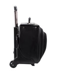 Side view of Patented Detachable Wheeled 17 Inch Leather Catalog Briefcase Workhorse showing wheels and handle extended.