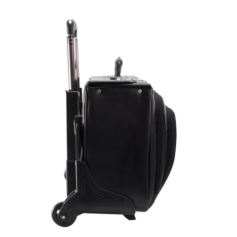 Side view of Patented Detachable Wheeled 17 Inch Leather Catalog Briefcase Workhorse showing wheels and handle extended.