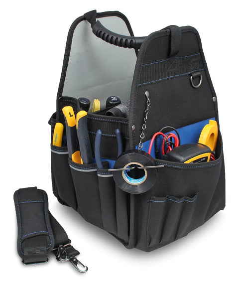 Heavy Duty Professional Tool Carrier With Thirty Four Pocket Layout Removable Drill Bit Sleeve Tape Measure Holder Sturdy Molded Carry Handles Built Tough For Hardworking Crews And Tradesmen Wanting No Fuss Job Site Gear Organization filled with various tools and tape measure.
