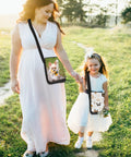 Woman and child wearing Six Pack Sublimation Bags Blanks For Sport, Shoulder, And Crossbody Bags, DIY Gift For Adults, Kids, And Father's Day.