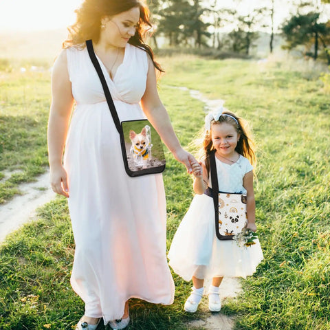 Woman and child wearing Six Pack Sublimation Bags Blanks For Sport, Shoulder, And Crossbody Bags, DIY Gift For Adults, Kids, And Father's Day.