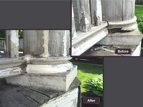 Before and after of porch column repaired with WoodEpox Kit Pro Grade 2 Pint 2 Part Structural Epoxy Adhesive Filler For Wood.