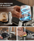 Commercial Grade Kitchen Workstation Faucet with with Glass Rinser & LED, high-pressure cup washer in use, gentle rinse feature.