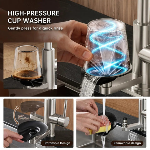 Commercial Grade Kitchen Workstation Faucet with with Glass Rinser & LED, high-pressure cup washer in use, gentle rinse feature.